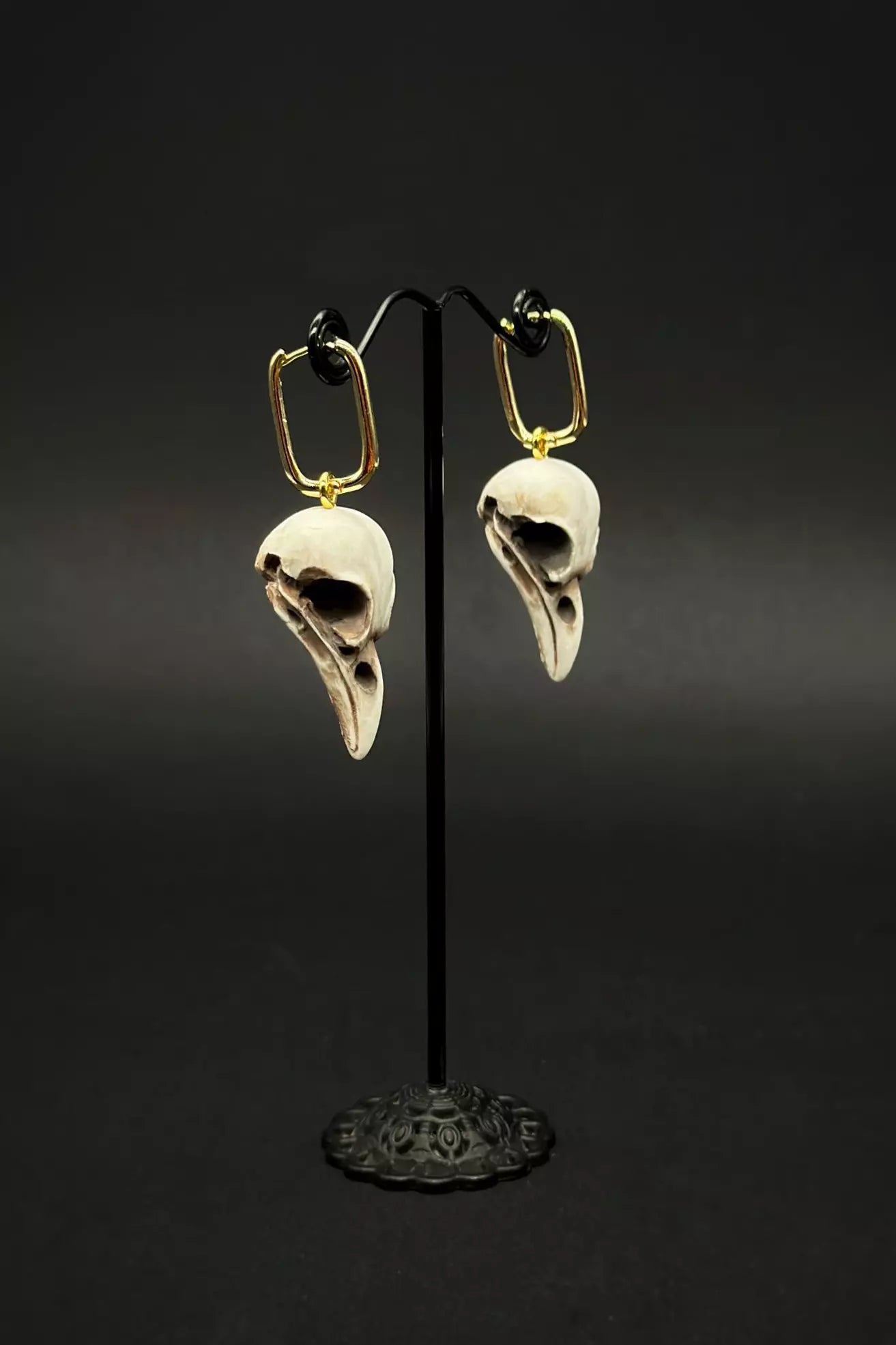 Raven Skull Jewelry Set featuring bird skull pendant, ring  and dangle earrings, handmade from polymer clay by ioArtStudio