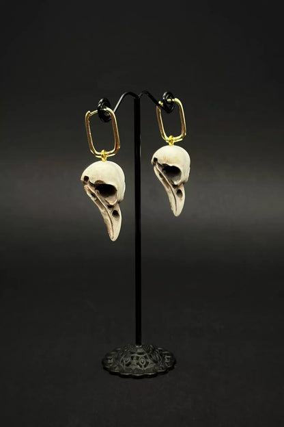 Raven Skull Jewelry Set featuring bird skull pendant, ring  and dangle earrings, handmade from polymer clay by ioArtStudio