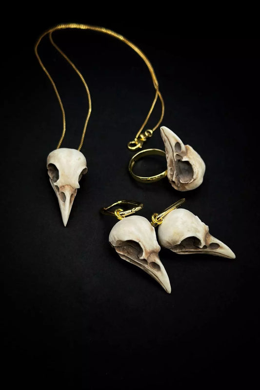 Raven Skull Jewelry Set featuring bird skull pendant, ring  and dangle earrings, handmade from polymer clay by ioArtStudio