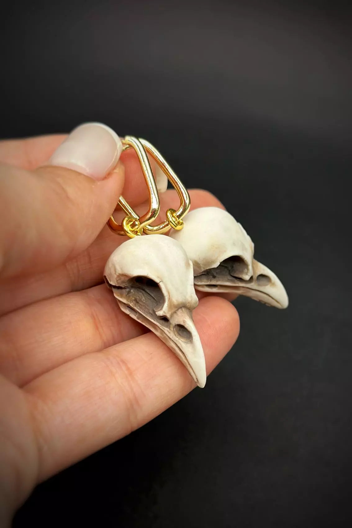 Raven Skull Jewelry Set featuring bird skull pendant, ring  and dangle earrings, handmade from polymer clay by ioArtStudio