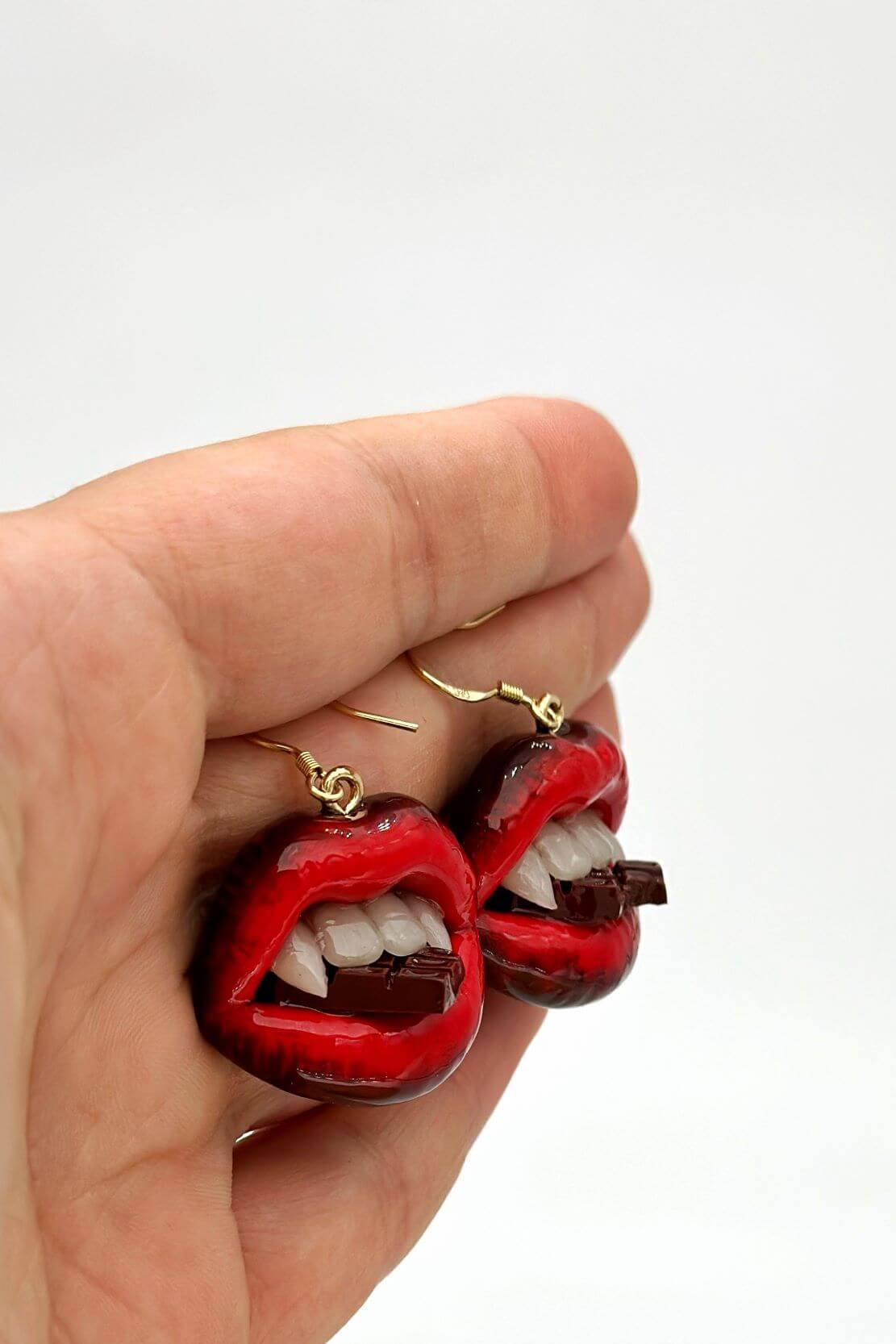 Red ombre lips with  Vampire Teeth  made with polymer clay and resin. A unique and eye-catching wearable art by ioArtStudio 