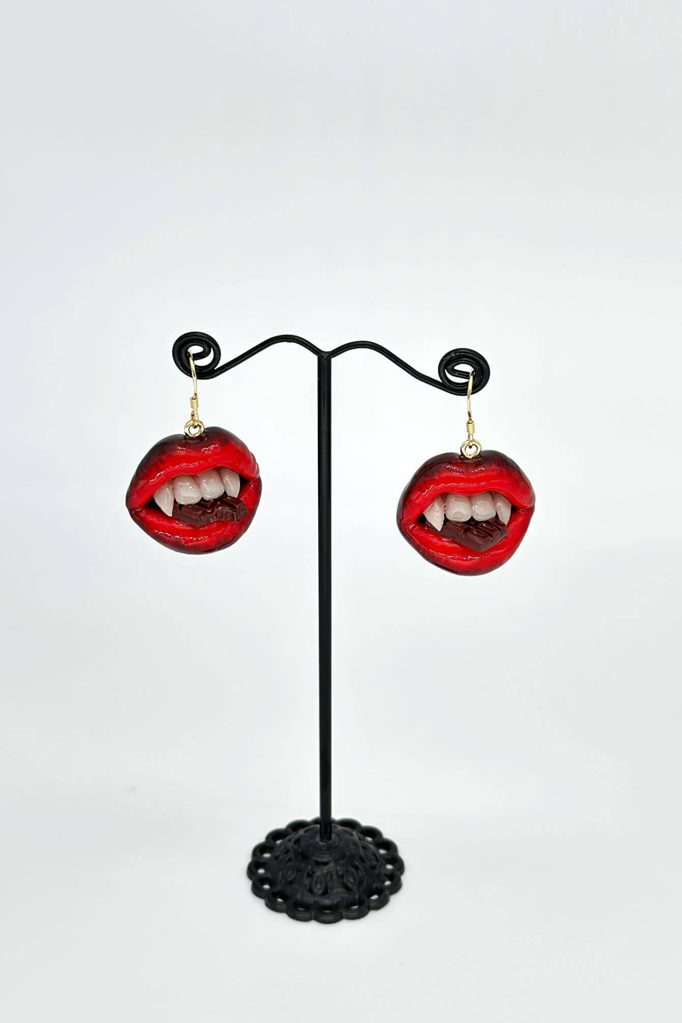 Red ombre lips with  Vampire Teeth  made with polymer clay and resin. A unique and eye-catching wearable art by ioArtStudio 