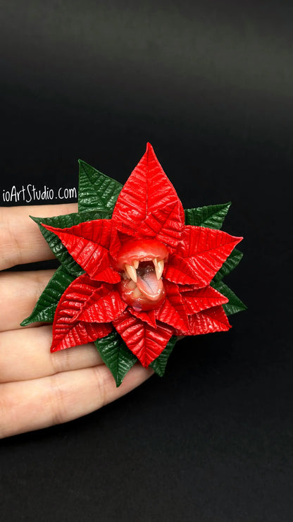 Red Poinsettia With Sharp Teeth  handmade jewelry with polymer clay by ioArtStudio 