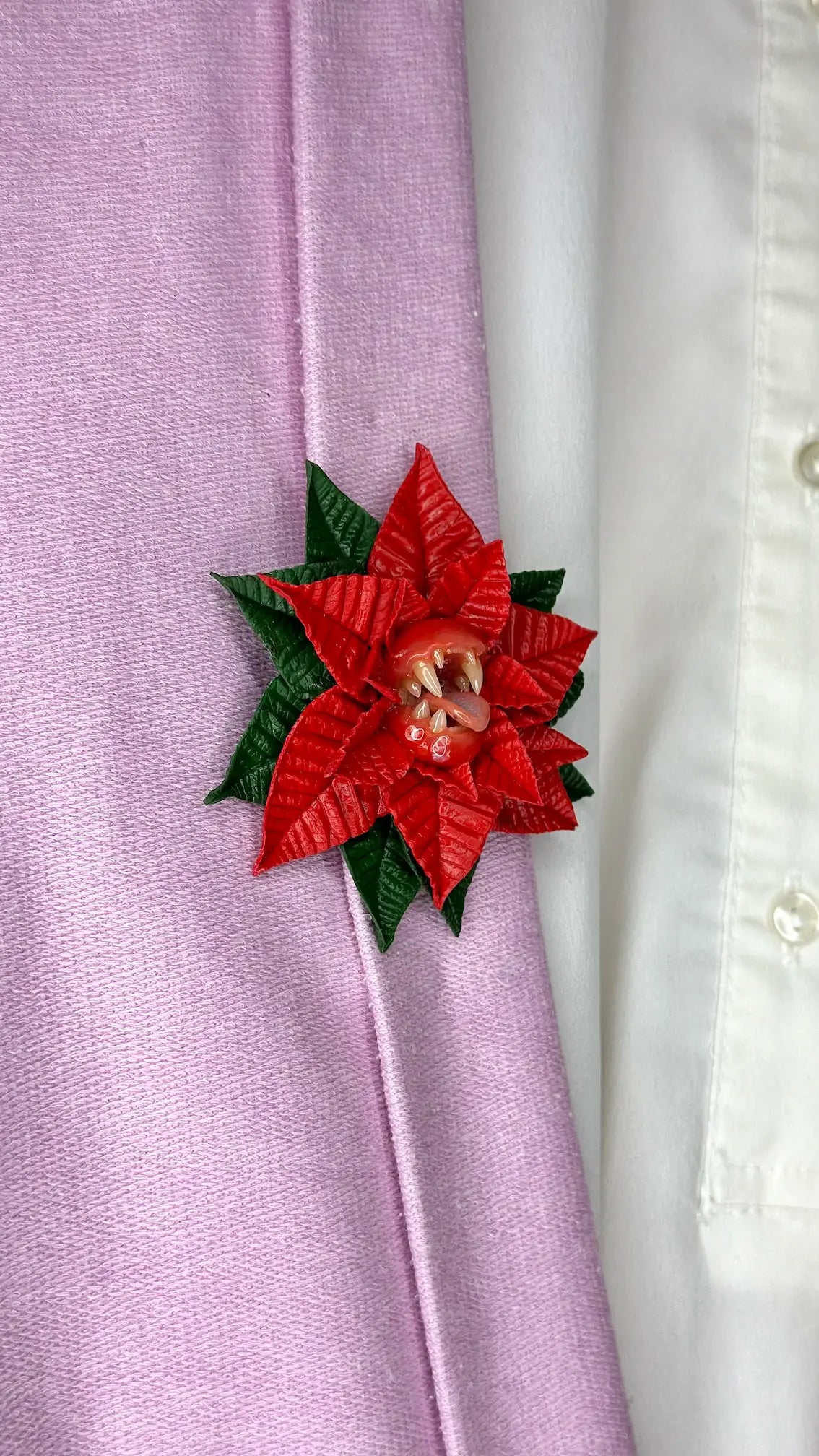 Red Poinsettia With Sharp Teeth  handmade jewelry with polymer clay by ioArtStudio 