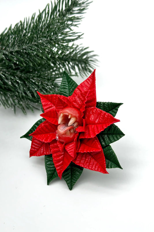 Red Poinsettia With Sharp Teeth  handmade jewelry with polymer clay by ioArtStudio 