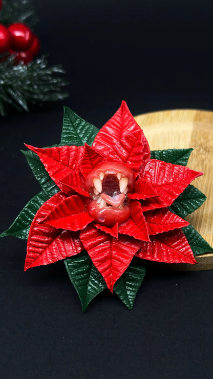 Red Poinsettia With Sharp Teeth  handmade jewelry with polymer clay by ioArtStudio 