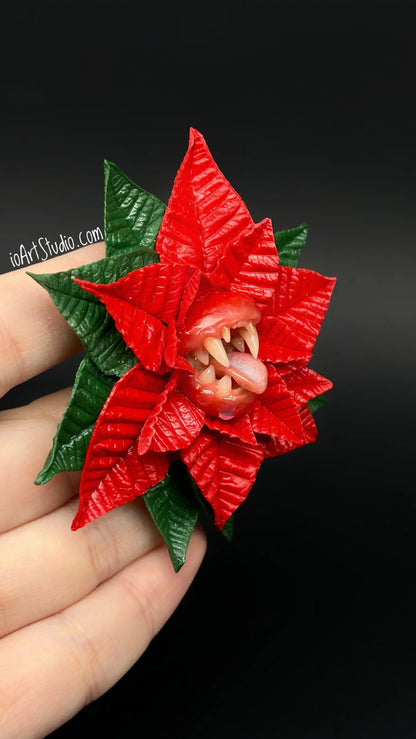 Red Poinsettia With Sharp Teeth  handmade jewelry with polymer clay by ioArtStudio 