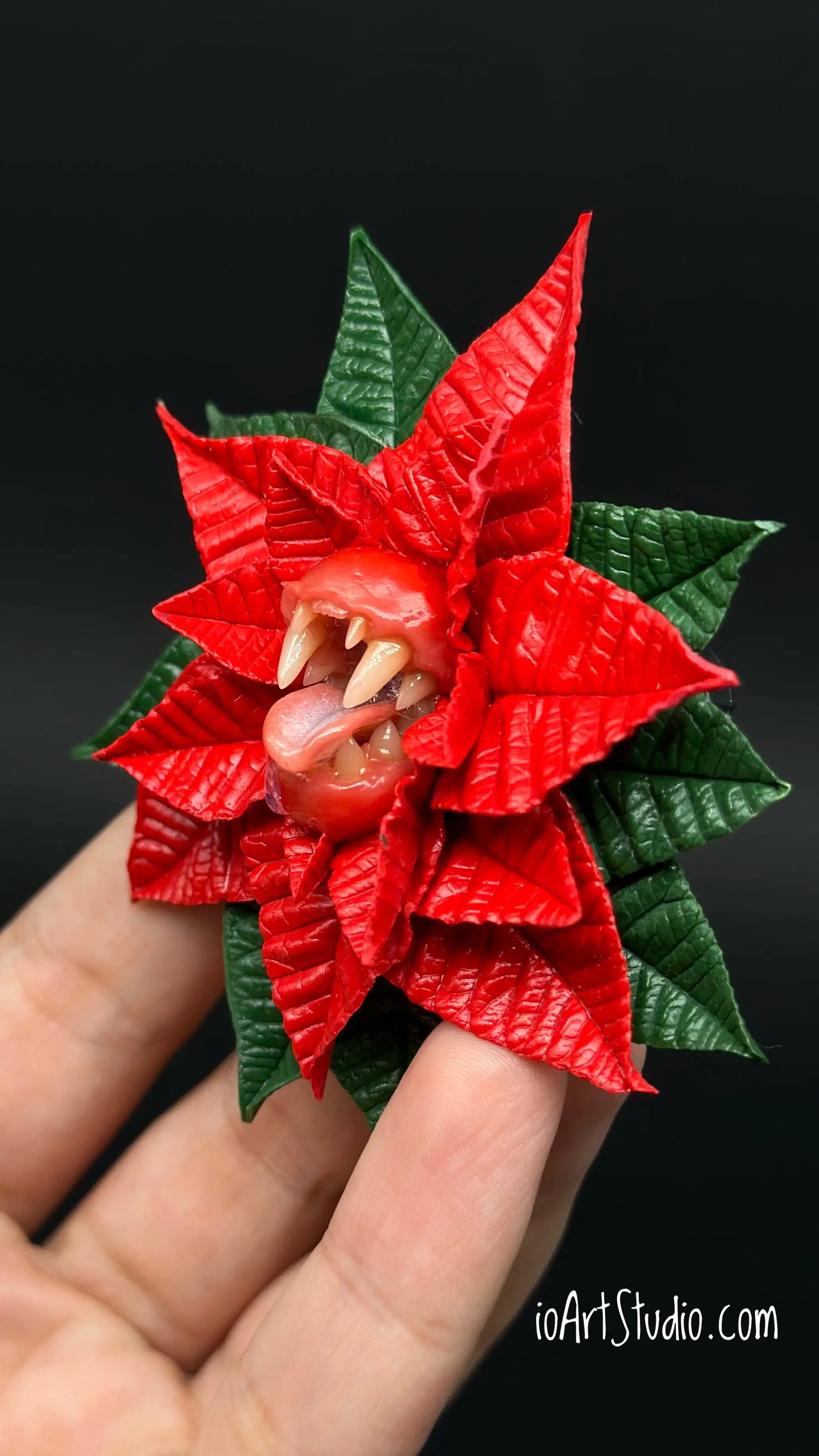 Red Poinsettia With Sharp Teeth  handmade jewelry with polymer clay by ioArtStudio 