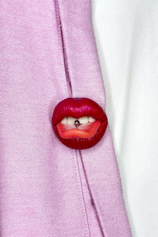 Reddish pink lips with  tongue ring, Hand sculpted by polymer clay, a unique and eye-catching wearable art.