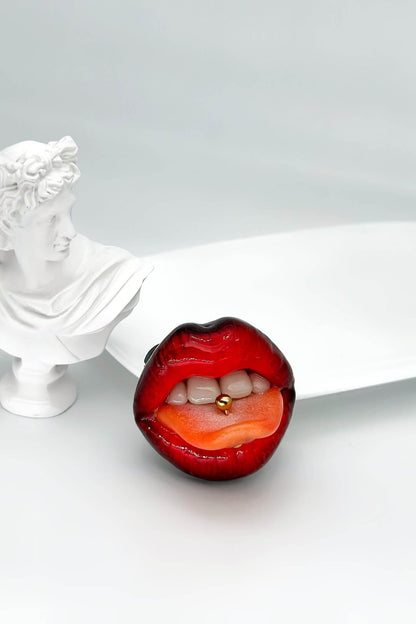 Red ombre lips with gold tongue ring  made with polymer clay and resin. A unique and eye-catching wearable art by ioArtStudio 