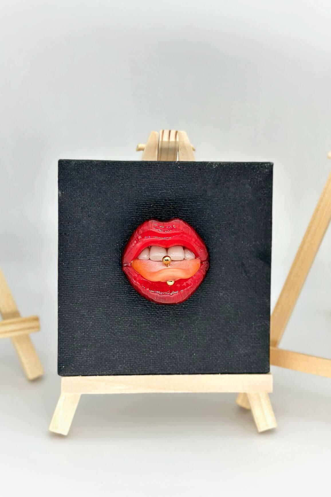 Red ombre lips with gold tongue ring  made with polymer clay and resin. A unique and eye-catching wearable art by ioArtStudio 