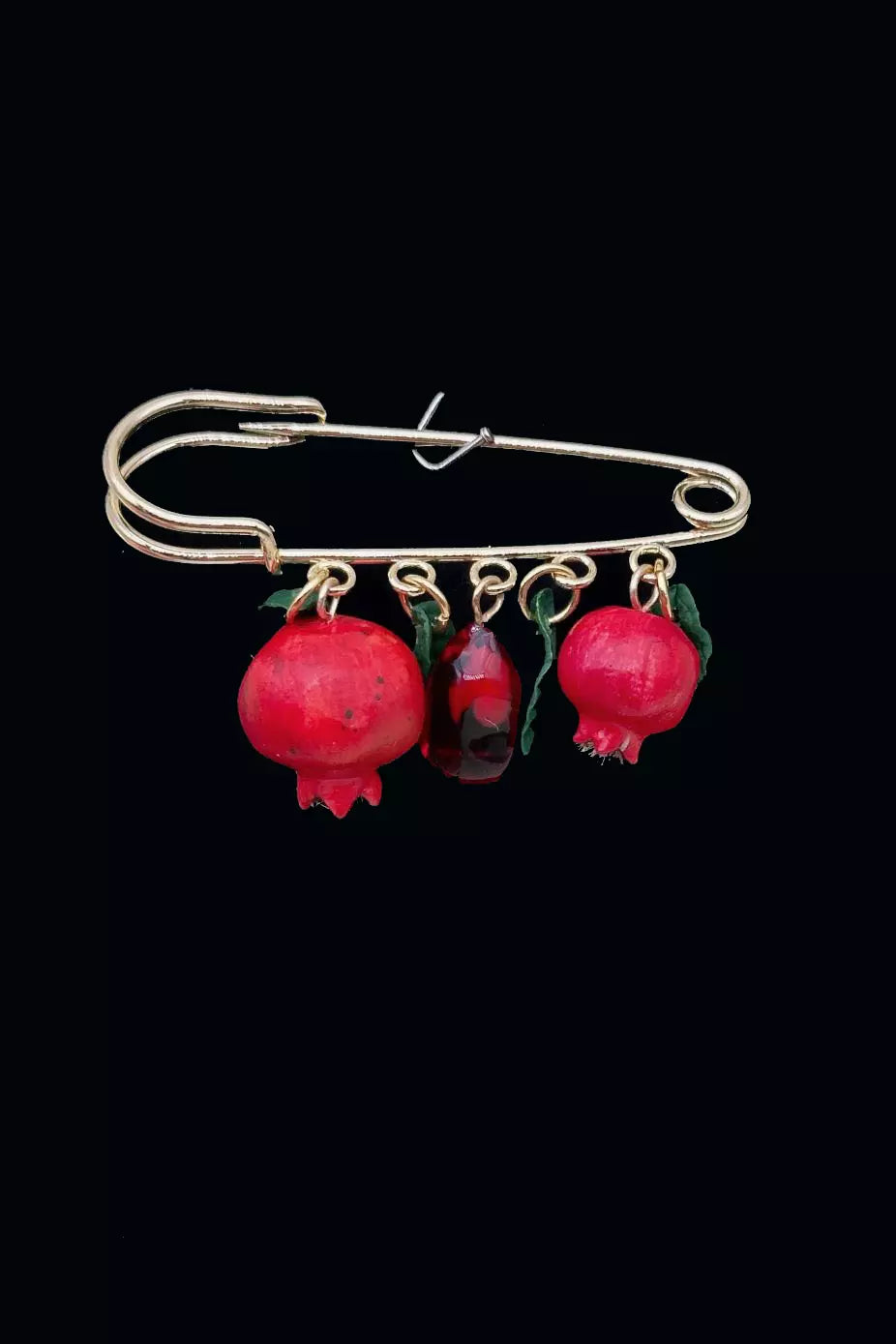 Safety Pin Pomegranate  handmade  wearable art piece, crafted from polymer clay and epoxy resin  by ioArtStudio