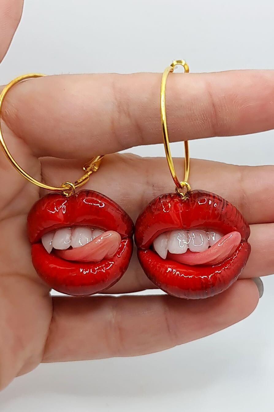 Polymer clay earrings - Sexy Lips With Vampire Teeth  wearable artwork by ioArtStudio