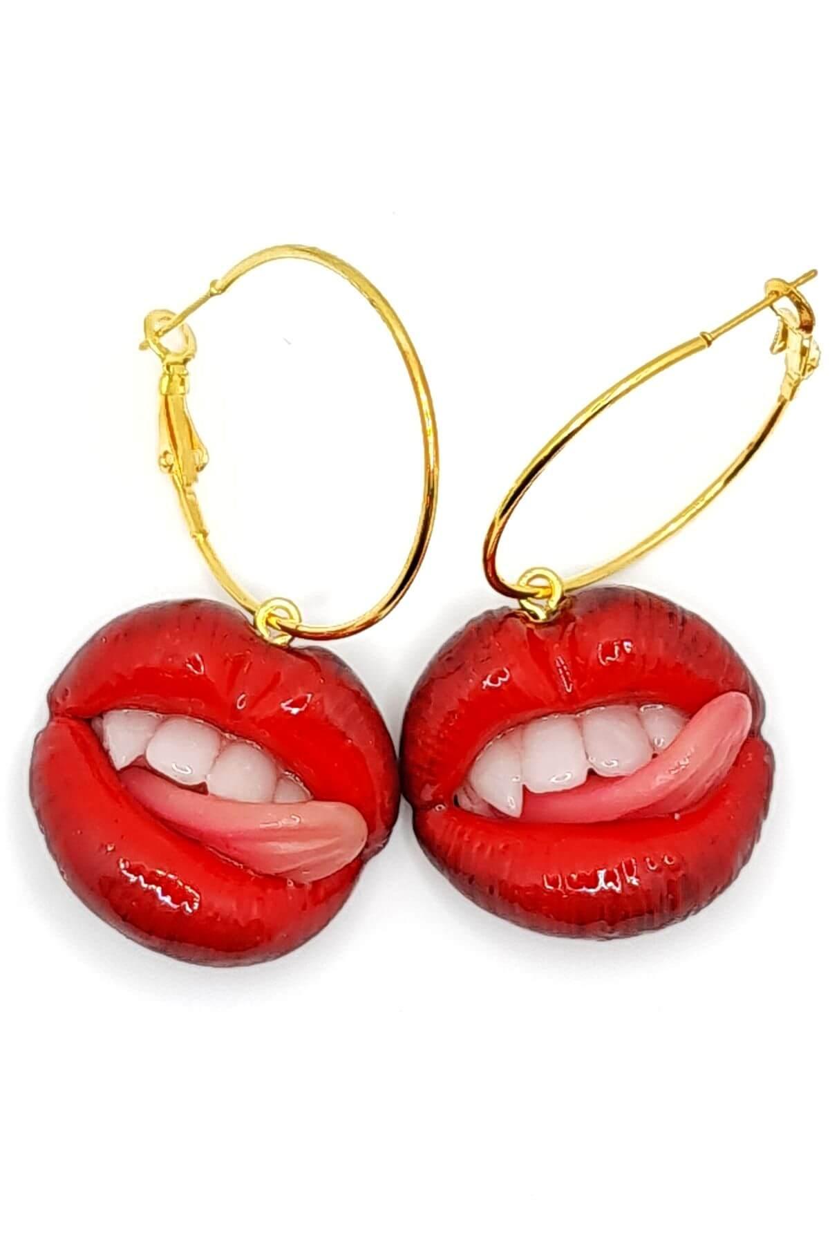 Polymer clay earrings - Sexy Lips With Vampire Teeth  wearable artwork by ioArtStudio