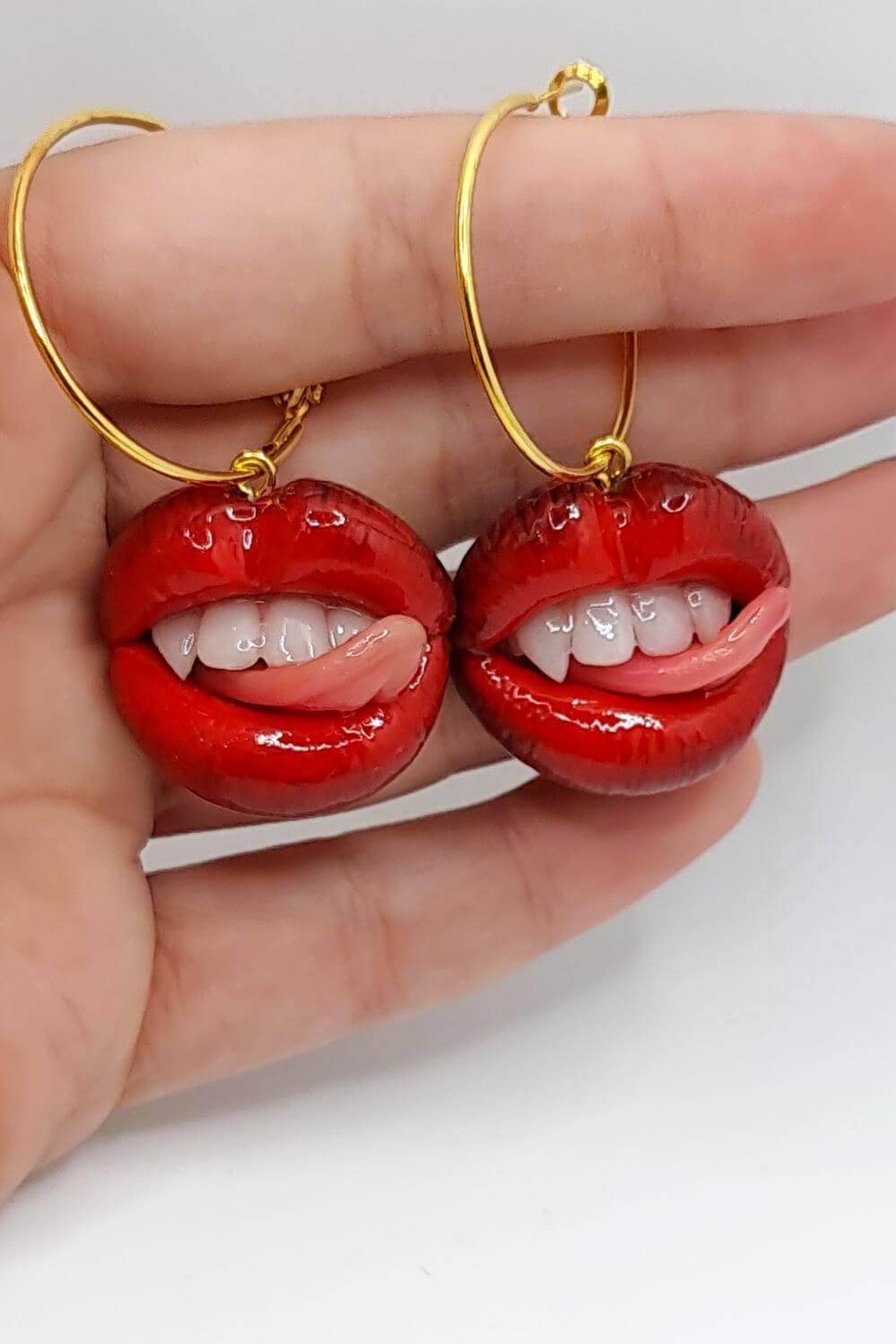 Polymer clay earrings - Sexy Lips With Vampire Teeth  wearable artwork by ioArtStudio