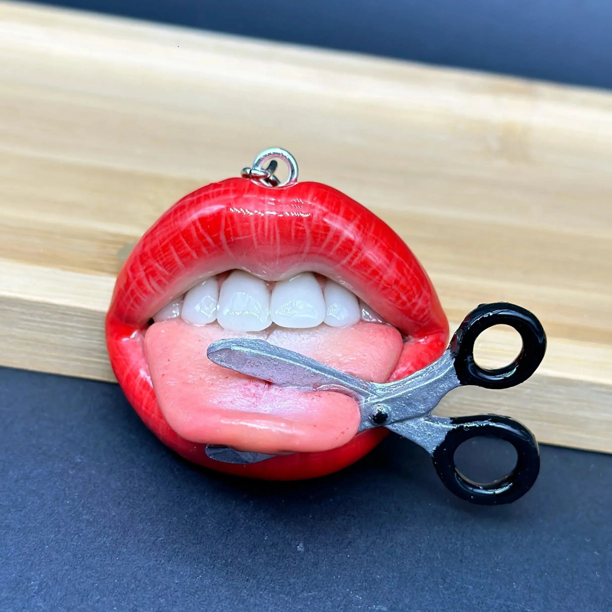 Sexy Red Lips, Scissors Cutting Off Tongue handmade  with polymer clay. A unique acreation by ioArtStudio 