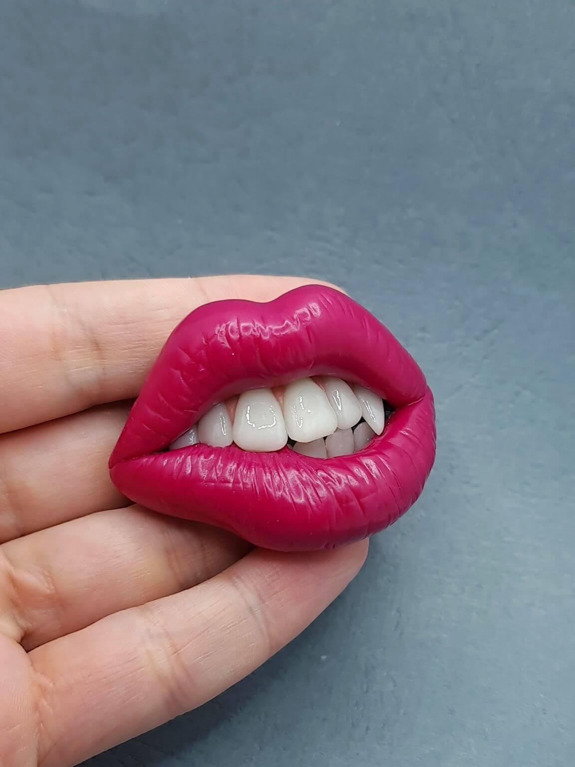 Sexy lips  bite with wampire fangs Handcrafted from Polymer Clay and Resin, Attention-Grabbing Wearable Artwork by ioArtStudio