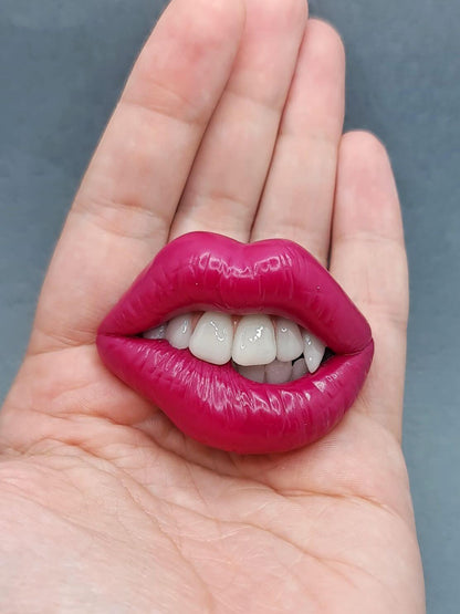 Sexy lips  bite with wampire fangs Handcrafted from Polymer Clay and Resin, Attention-Grabbing Wearable Artwork by ioArtStudio