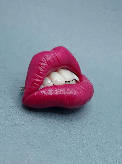 Sexy lips  bite with wampire fangs Handcrafted from Polymer Clay and Resin, Attention-Grabbing Wearable Artwork by ioArtStudio