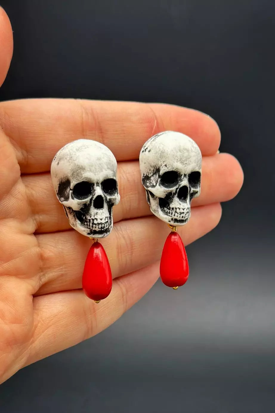 Skeleton Head with Red Drop Earrings   handmade wearable skull art  by ioArtStudio