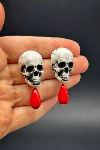 Skeleton Head with Red Drop Earrings   handmade wearable skull art  by ioArtStudio