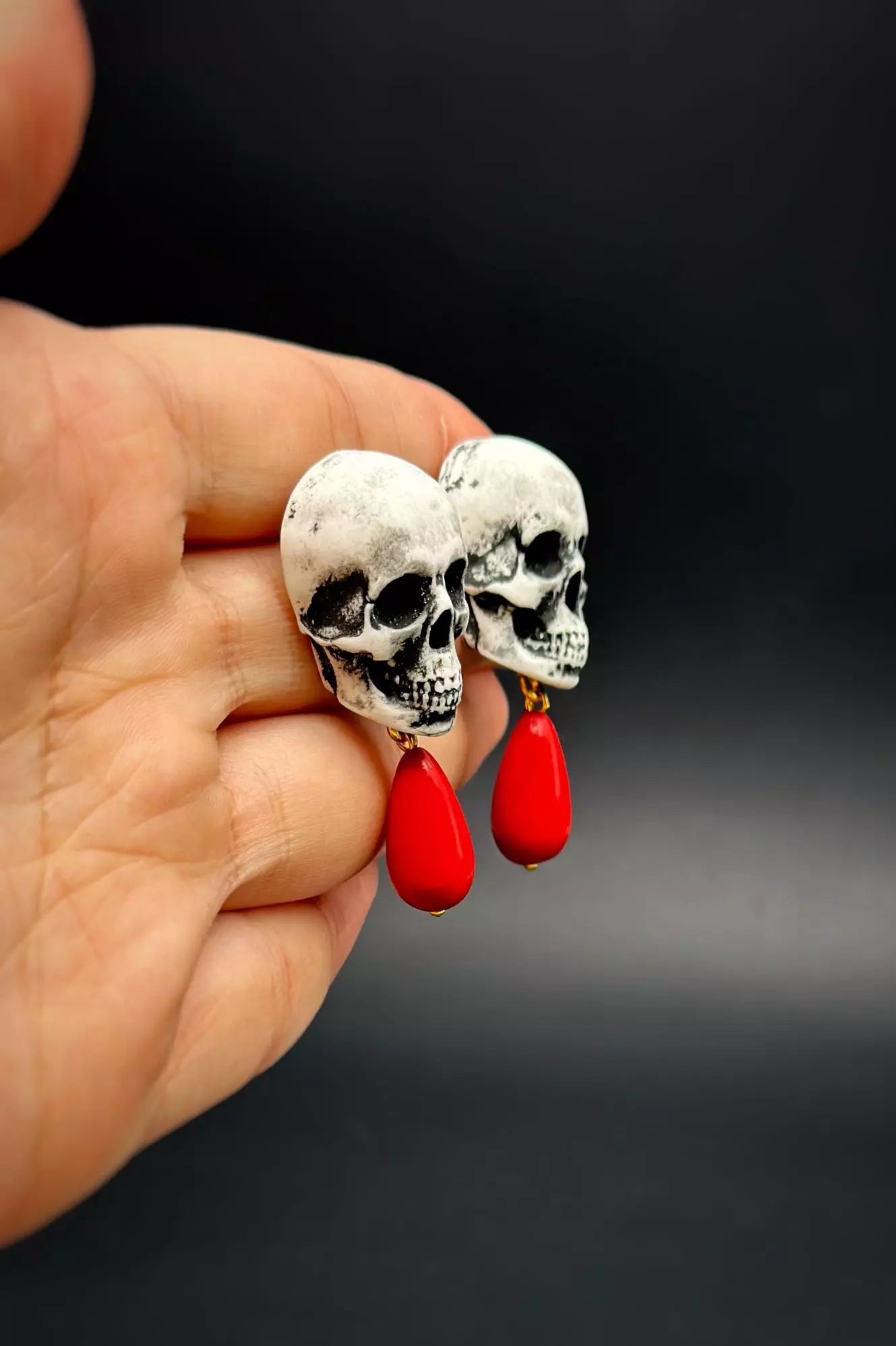 Skeleton Head with Red Drop Earrings   handmade wearable skull art  by ioArtStudio