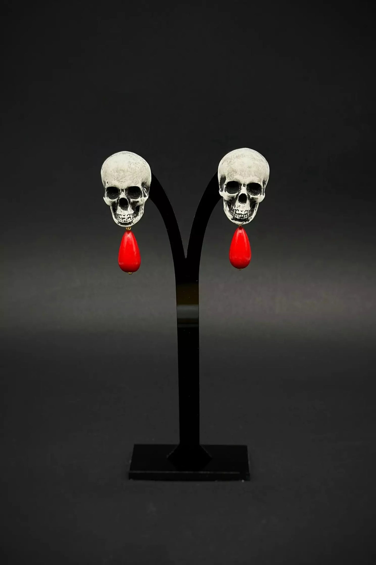 Skeleton Head with Red Drop Earrings   handmade wearable skull art  by ioArtStudio