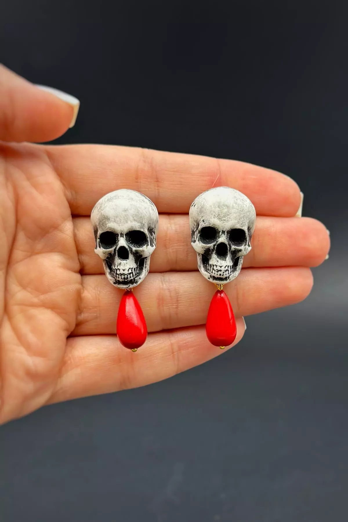 Skeleton Head with Red Drop Earrings   handmade wearable skull art  by ioArtStudio