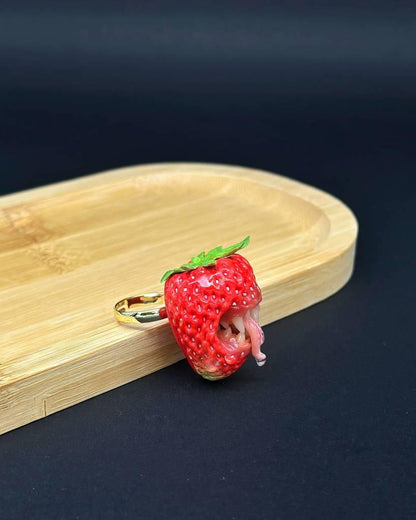 Strawberry Adjustable Ring With Tiger Teeth   sculpted with polymer clay. A unique and eye-catching wearable art by ioArtStudio 