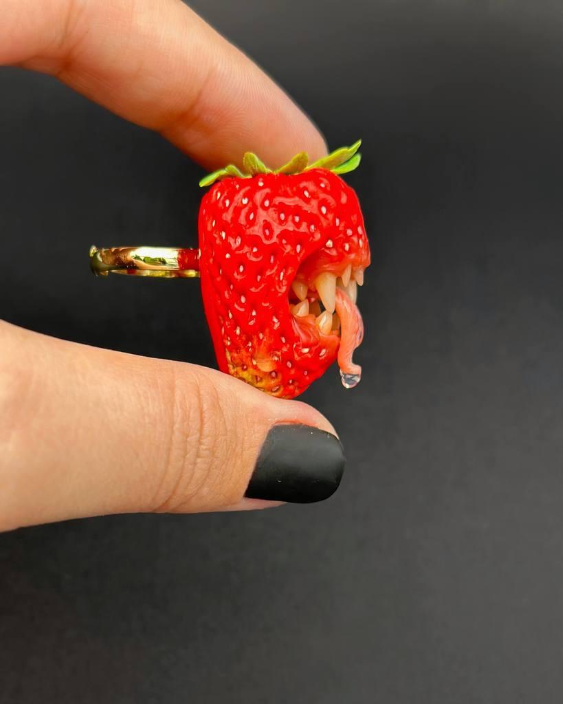 Strawberry Adjustable Ring With Tiger Teeth   sculpted with polymer clay. A unique and eye-catching wearable art by ioArtStudio 