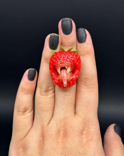 Strawberry Adjustable Ring With Tiger Teeth   sculpted with polymer clay. A unique and eye-catching wearable art by ioArtStudio 