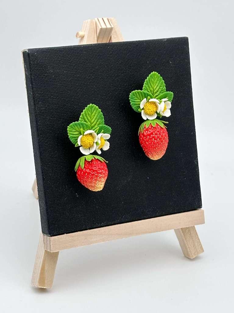 Strawberry Earrings with Flower Studs handmade with polymer clay. A unique and eye-catching wearable art by ioArtStudio 