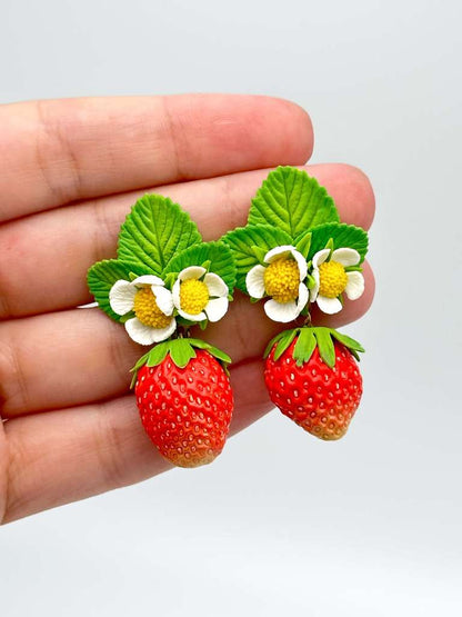 Strawberry Earrings with Flower Studs handmade with polymer clay. A unique and eye-catching wearable art by ioArtStudio 