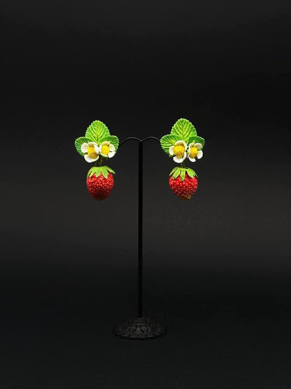 Strawberry Earrings with Flower Studs handmade with polymer clay. A unique and eye-catching wearable art by ioArtStudio 