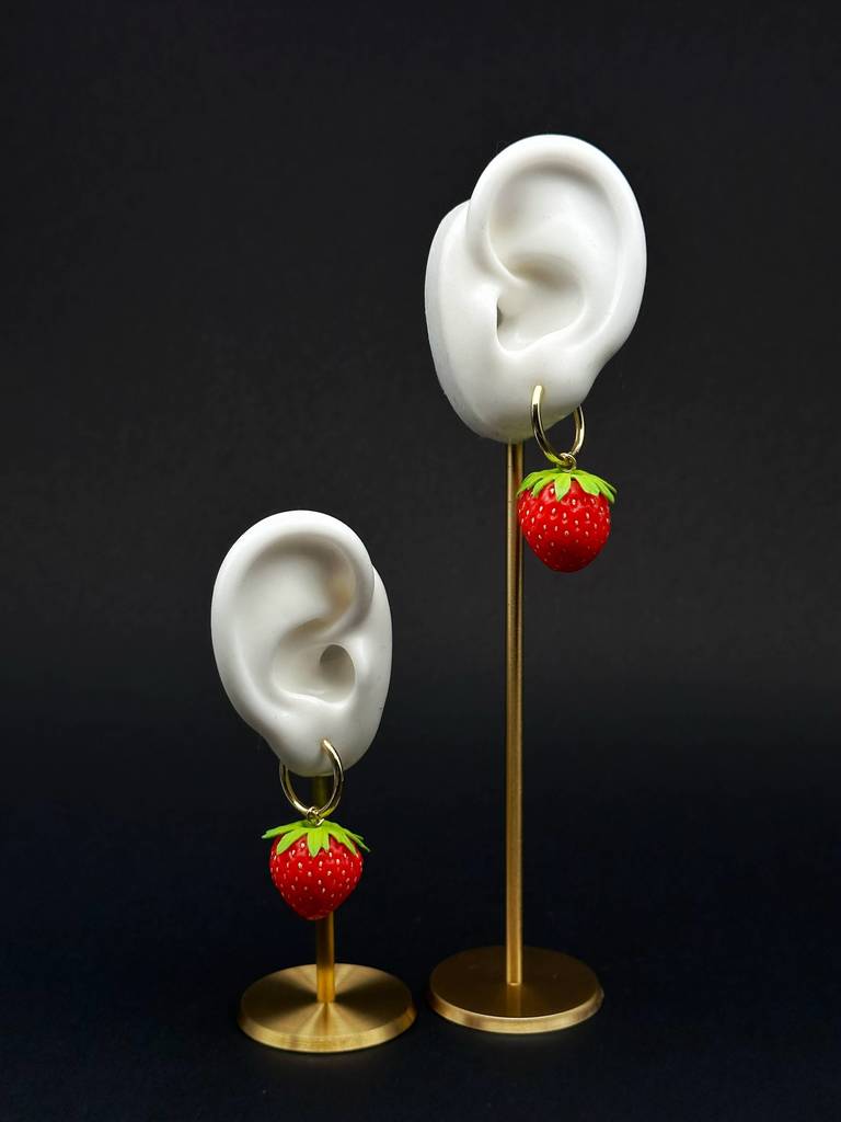 Strawberry Earrings handmade with polymer clay. A unique and eye-catching wearable art by ioArtStudio