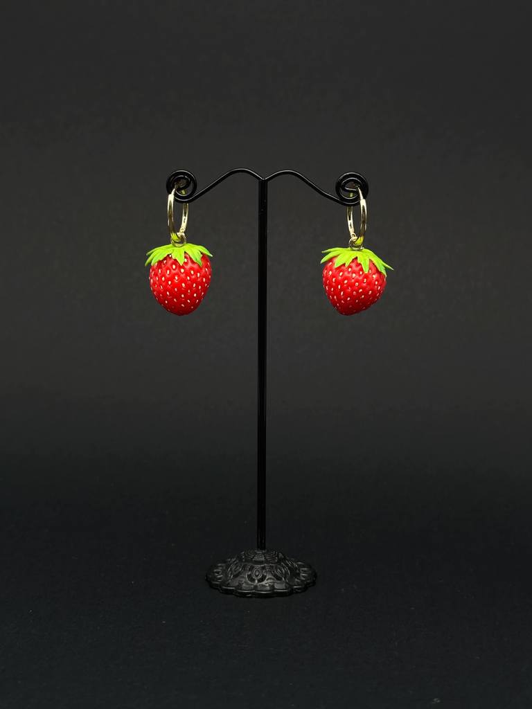 Strawberry Earrings handmade with polymer clay. A unique and eye-catching wearable art by ioArtStudio 