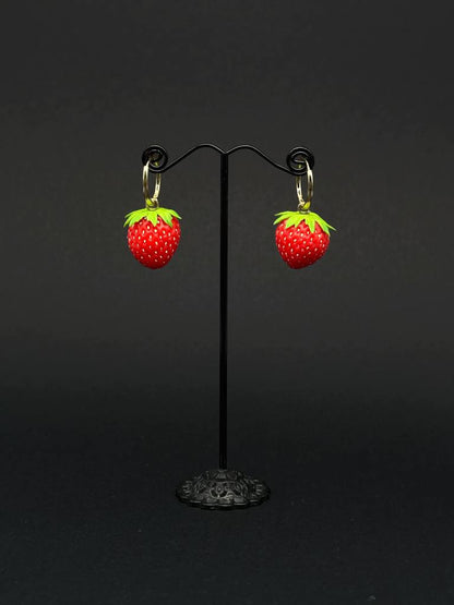 Strawberry Earrings handmade with polymer clay. A unique and eye-catching wearable art by ioArtStudio 