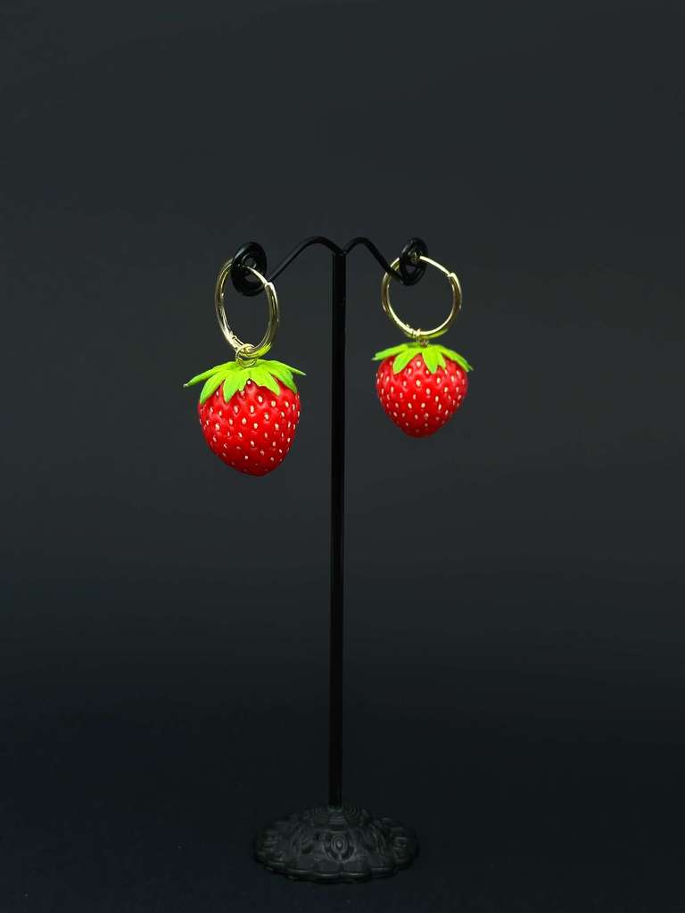 Strawberry Earrings handmade with polymer clay. A unique and eye-catching wearable art by ioArtStudio 