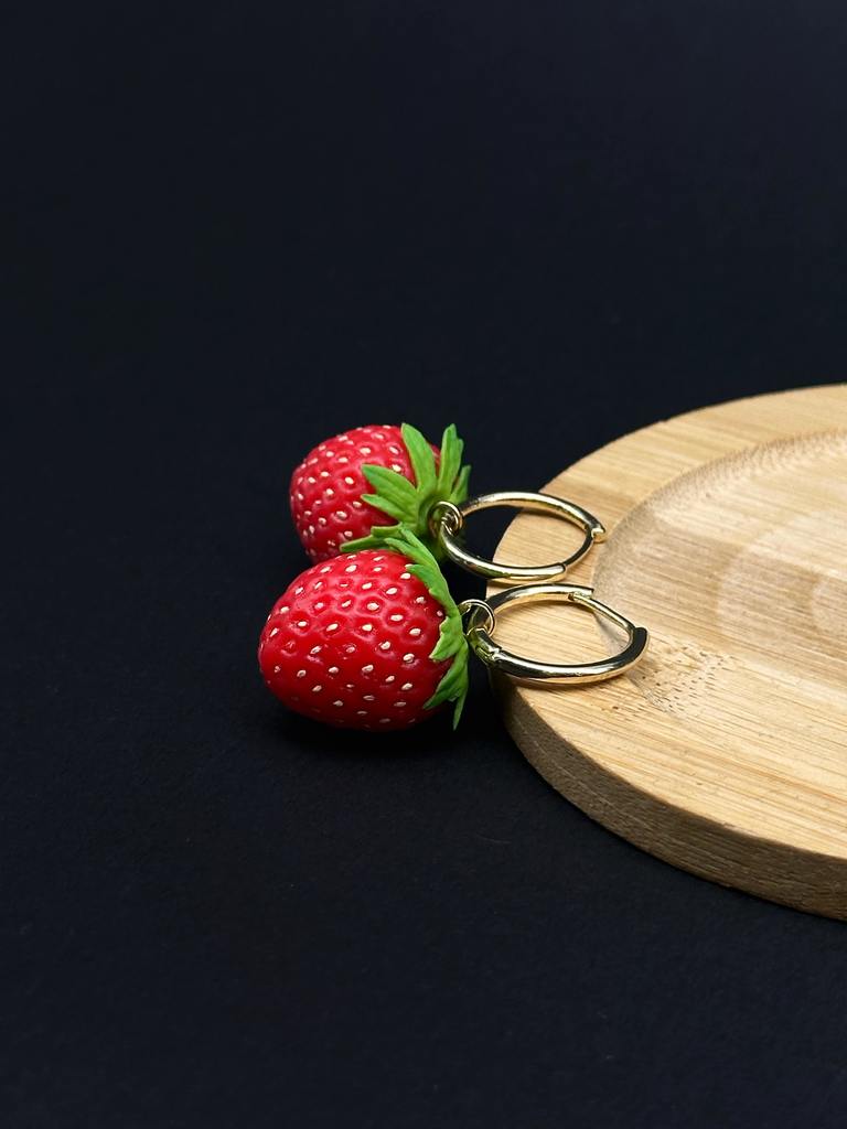 Strawberry Earrings handmade with polymer clay. A unique and eye-catching wearable art by ioArtStudio 