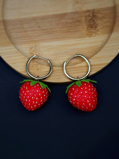 Strawberry Earrings handmade with polymer clay. A unique and eye-catching wearable art by ioArtStudio 