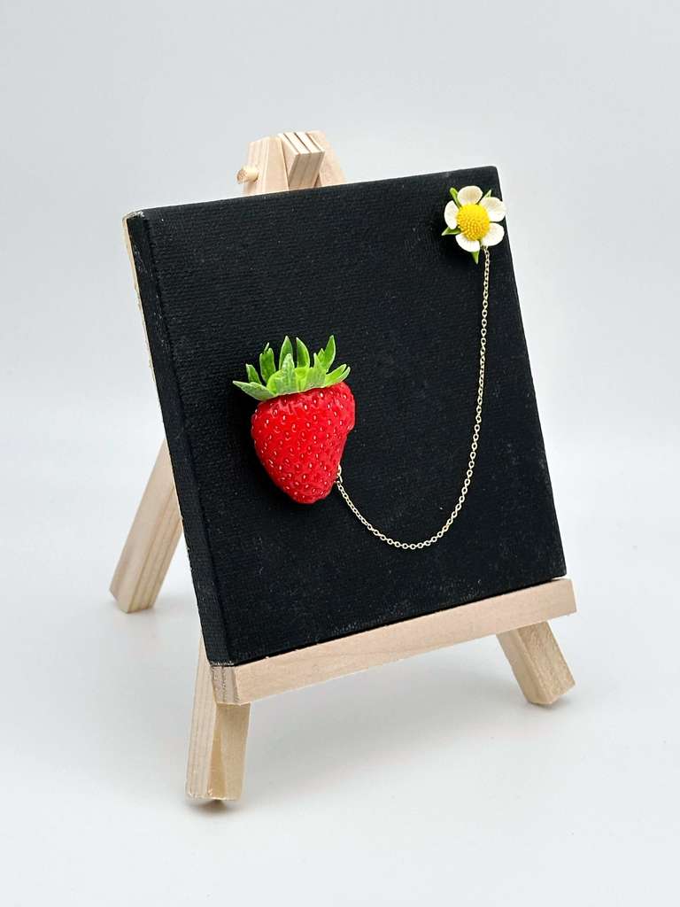 Strawberry Flower Lapel Chain handmade jewelry with polymer clay by ioArtStudio 