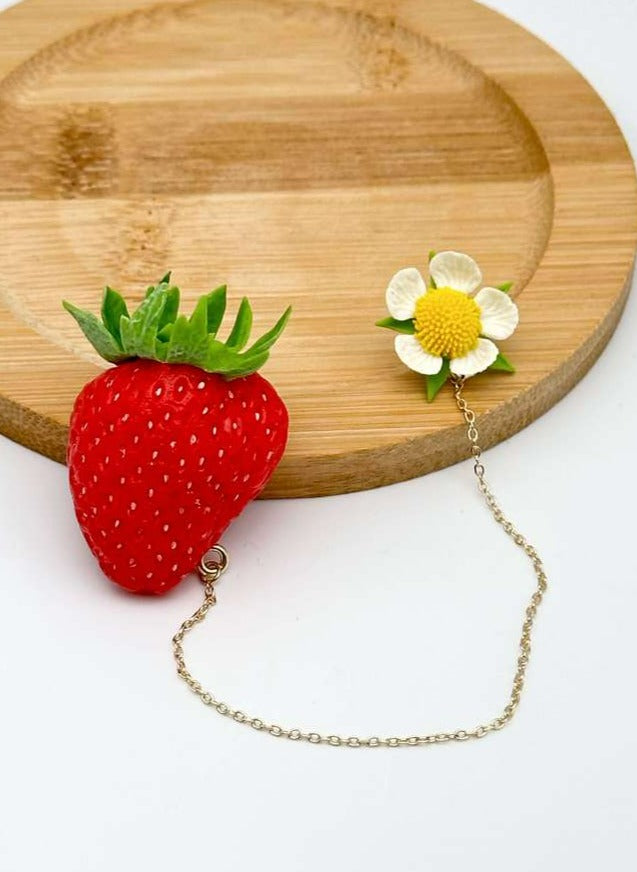 Strawberry Flower Lapel Chain handmade jewelry with polymer clay by ioArtStudio 