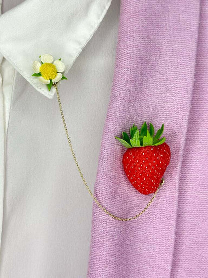 Strawberry Flower Lapel Chain handmade jewelry with polymer clay by ioArtStudio 