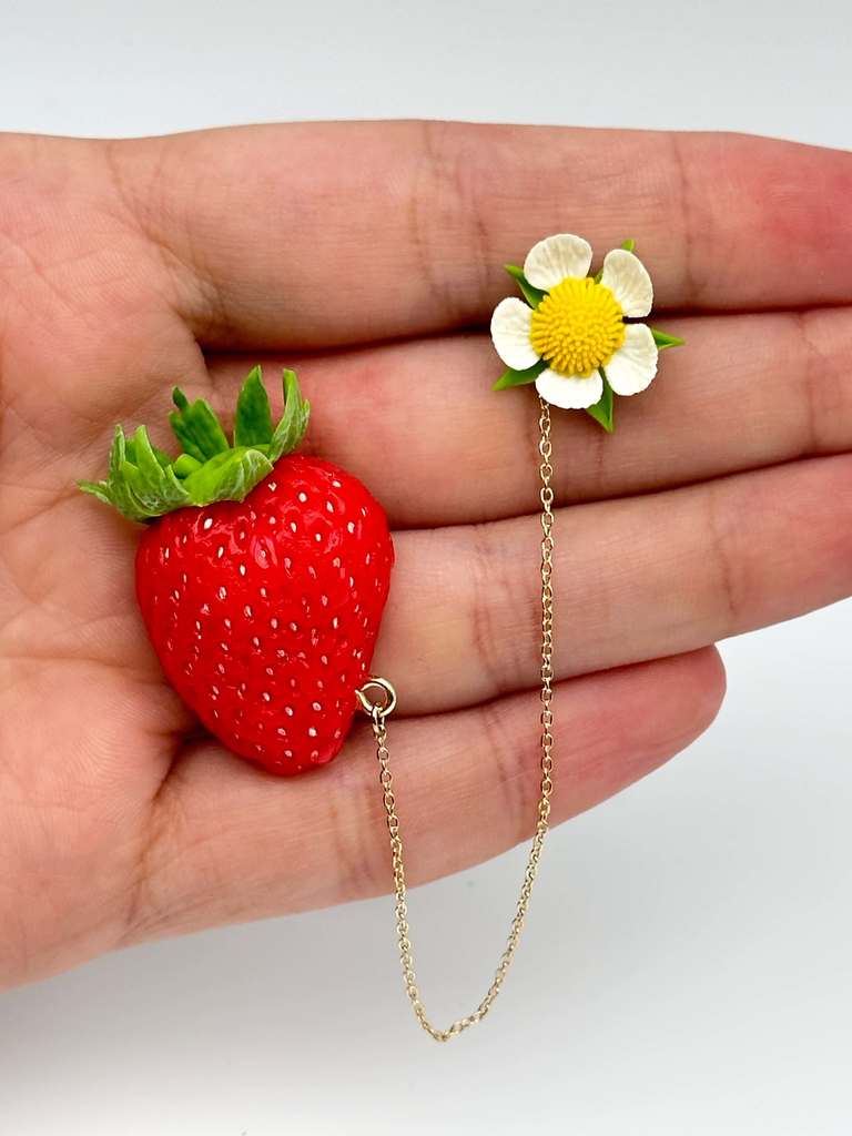 Strawberry Flower Lapel Chain handmade jewelry with polymer clay by ioArtStudio 