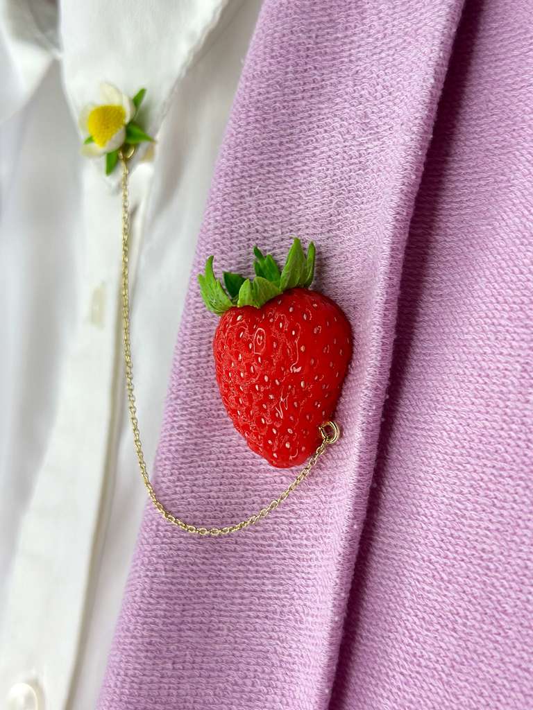 Strawberry Flower Lapel Chain handmade jewelry with polymer clay by ioArtStudio 