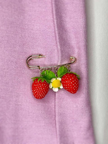 Strawberry Flower Safety Pin handmade jewelry with polymer clay by ioArtStudio 