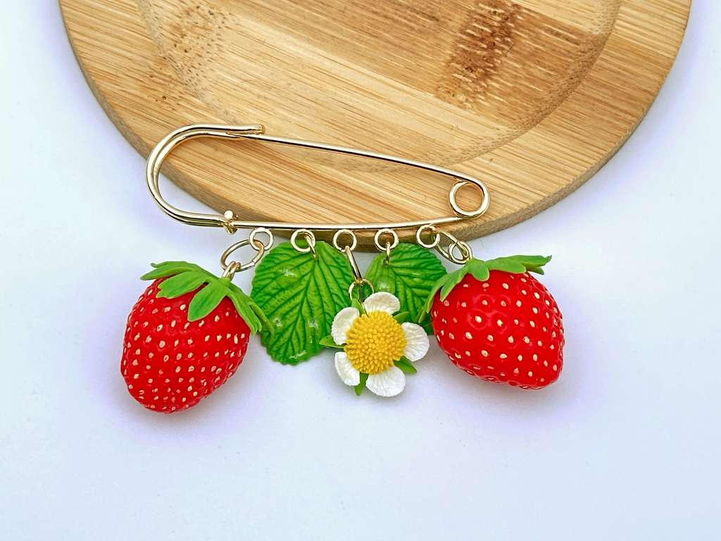 Strawberry Flower Safety Pin handmade jewelry with polymer clay by ioArtStudio 