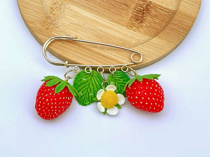 Strawberry Flower Safety Pin handmade jewelry with polymer clay by ioArtStudio 