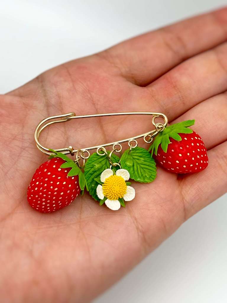 Strawberry Flower Safety Pin handmade jewelry with polymer clay by ioArtStudio 