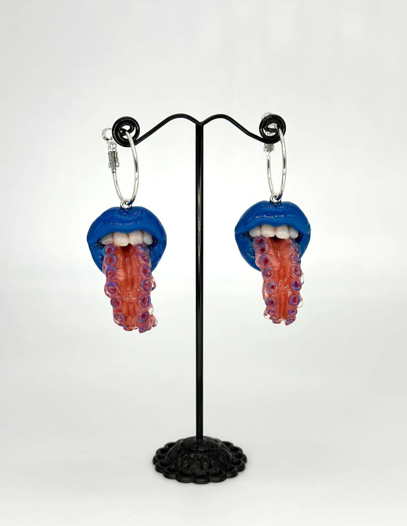 Handmade Tentacle Tongue Funky Earrings, made by polymer clay, Attention-Grabbing Wearable Artwork by ioArtStudio